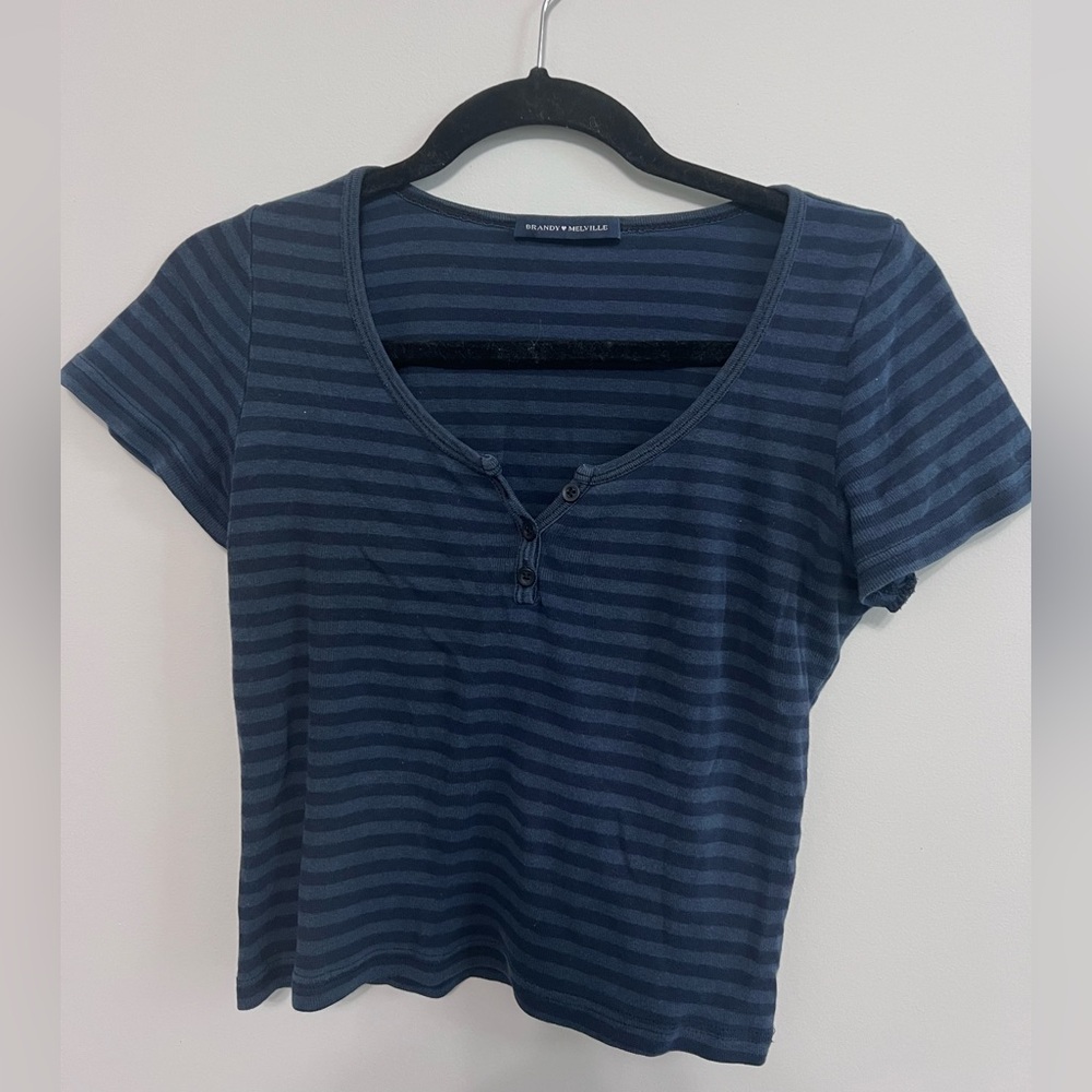 Brandy Melville Navy and Dark Blue Striped Short Sleeve Tee